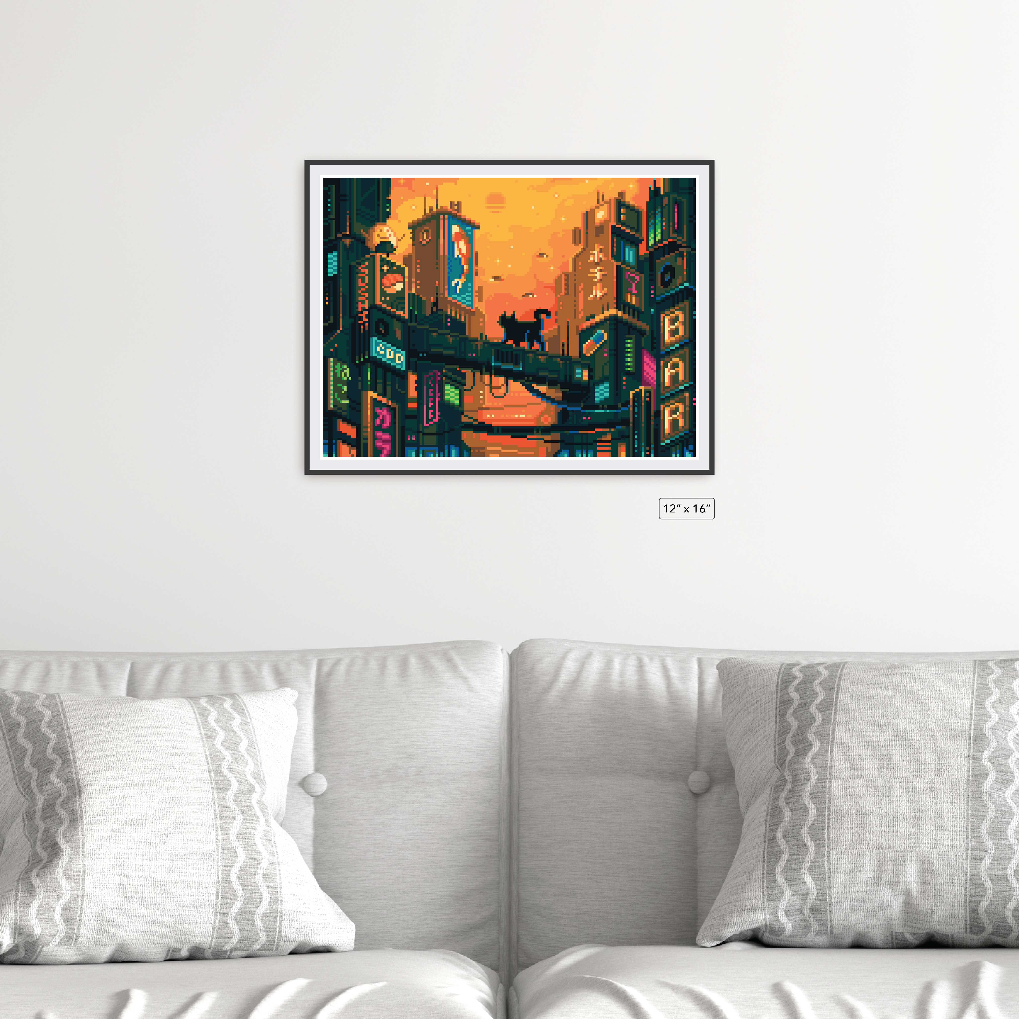 Futuristic Cityscape pixyls canvas framed on a wall, 12 by 16 inches